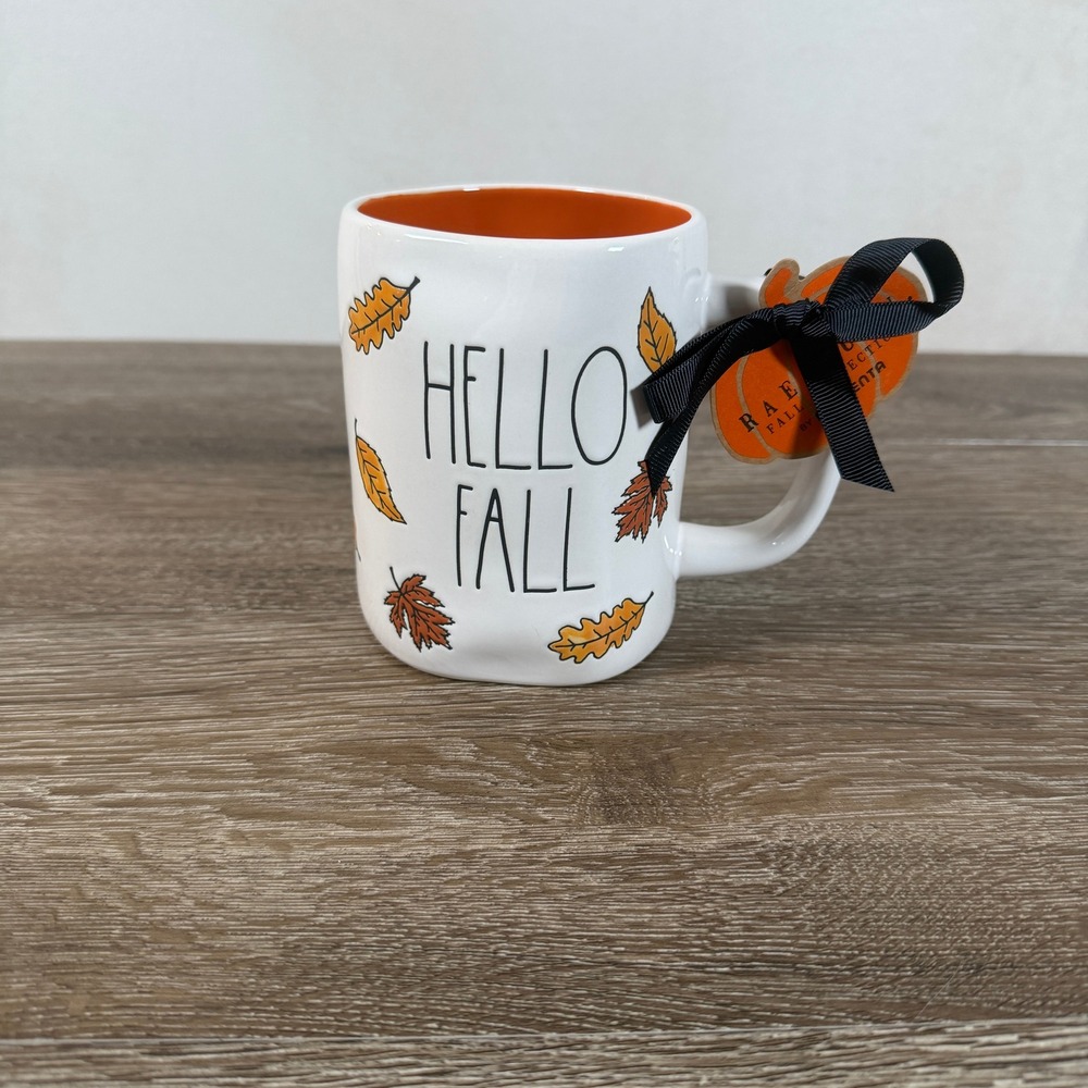 Rae Dunn Coffee Mug Hello Fall Artisan Collection Magenta White Orange Leaf NWT